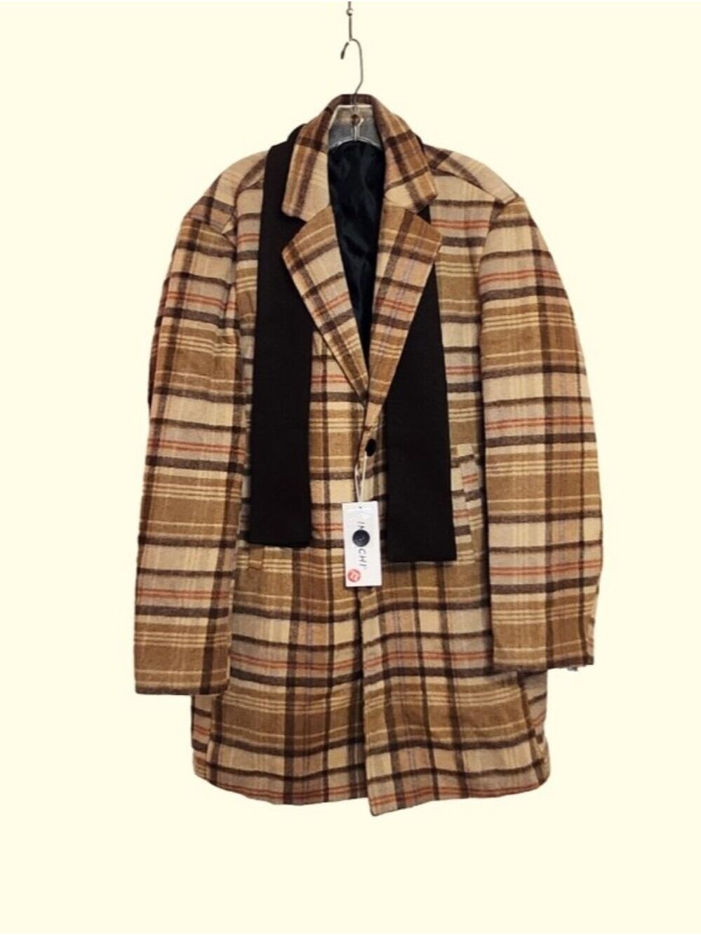Amazon Wool Blend Plaid Mens Trench Coat Peacoat With Scarf Brown/Tan X-Large